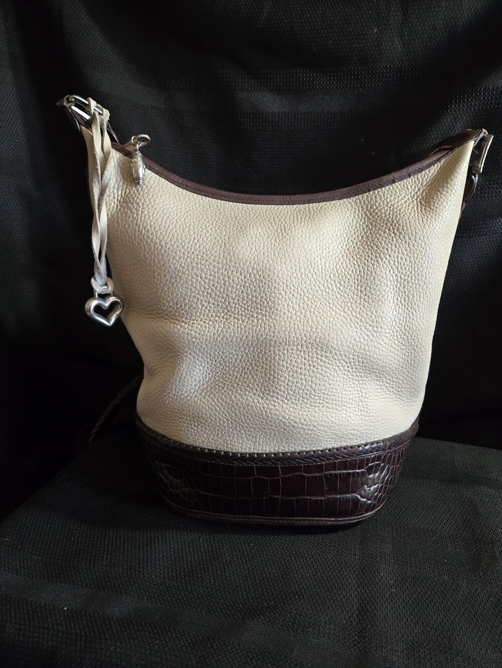Brighton Vintage Cream and Brown Two-Tone Leather Bucket Bag EUC